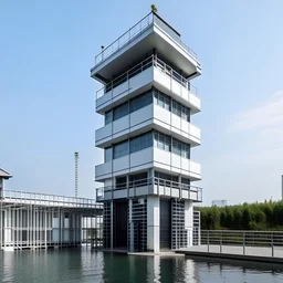a two-storey water rescue station with a 12-meter high tower is white with black stripes, the ground floor area is 100 squares, with a garage on the ground floor