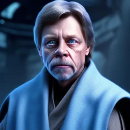 upper body photorealistic jedi mark hamill in Star Wars, sharp blue eyes, photorealistic weathered skin, jedi robe, cinematic lighting, intricate