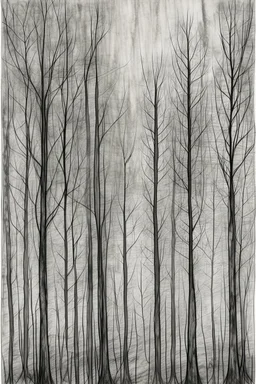 Minimalist rough abstract dusty Charcoal drawing of trees on a textured gesso background.