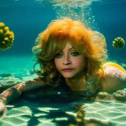 Goldie Hawn underwater with yellow flowers for hair, closed eyes, rtx, reflection, 8k, glow, winning photography, caustics