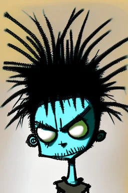 2d drawing of a stickman, cool with punk hair, x eyes like in hangman, standing, slightly bended over and looking back into the camera, close-up ,3d realistic in colour