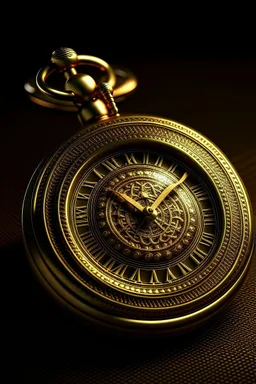 "Generate a high-resolution image of a vintage pocket watch with intricate gold detailing, placed on a rich mahogany background."
