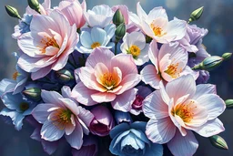 art by josephine wall,digital painting, oilpainting, intricate,breathtaking,georgious, hyperdetailed,centered arrangement,,very beautiful spring flowers,various shades of soft blue , full seen und, 4k, masterpiece, serene composition,
