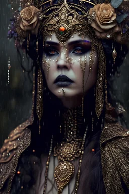 beautiful faced lady etherialism shaman, in the rainy weather, wearing etherialism achat stone and roze quartz, golden colour and copper ornate costume adorned wirh etherialism shamanism style lace, ornated textured etheral filigree and metal rose etherialism costume headdress organic bio spinal ribbed detaIL etheral shamanism and dark goth mixed style moonlight background intricate details, extremely etherial filigree maximalist portrait art