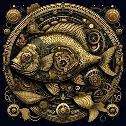 Create a detailed image of two ornately decorated mechanical fish swimming in a circular motion, with their bodies adorned in detailed patterns resembling gears and clockwork, creating an ornamental and mystical aesthetic. The background is filled with various gears and alchemical symbols that complement the mechanical theme of the fish. At the center of this circular arrangement, place the Pisces zodiac symbol (♓), designed to match the ornamental and intricate style of the fish and the backgro