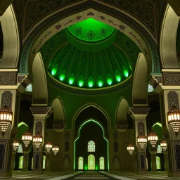 A Dark Green, Light Green & White Aesthetic Looking Islamic Architecture Mosque Interior Crafting Pattern At Night.