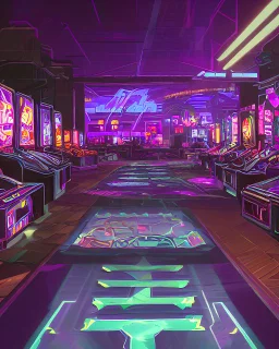 A dark photo of a full panoramic view an 80's aesthetics arcade at night, with a lot of functioning arcade machines, a vaporwave floor and some colorful tiles in between the floor. Purple aesthetics.