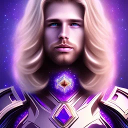 smiling beautifull long hair blond man face with cristal diamond on the forehead , cosmic armor and cosmic purple and blue sky behind