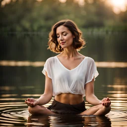 photography of a beautiful and happy woman, standing in lake water, eyes closed, meditation, white top, yoga flyer, brunette short wavy bob haircut, serenity, misty, relaxing image, white misty colors, foggy sunlight, high key