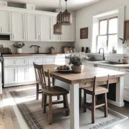 A farmhouse chic kitchen with white cabinets, wood accents, and a farmhouse table.