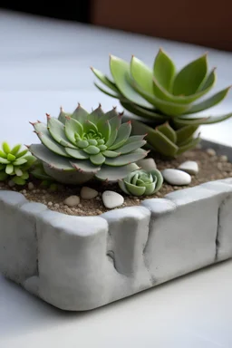 Create a realistic image of a mini concrete succulent planter designed as a stepping stone, with a rough, natural texture and a lovely succulent.