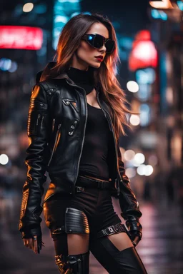 Full body,Half-cyborg beautiful female cyberpunk assassin wearing google sunglasses, black jacket,long hair,walk on night city background