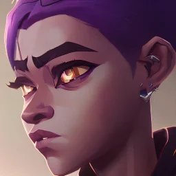 arcane animation series style, league of legends, Solo, 1girl, attractive teenager, african, dark skin, golden eyes, black hair, pair buns, forehead bangs colored in violet, necklace, earrings, modern makeup, (detailed skin texture), white oversize shirt