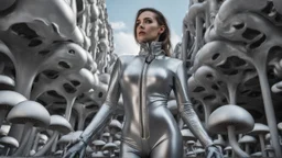 three-quarter-worms-eye view of a woman in a silver robotic catsuit standing in a futuristic derelict city with mushrooms with tentacles, floating in the sky