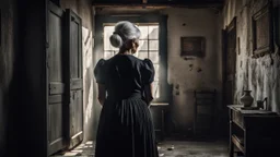 in front of the picture from the back, an old woman in a black and gray vintage dress with white hair in a bun, her standing in little old room, old, village environment, little light, shadow in the corner, dramatic atmosphere, high detailed, sharp focus, high realistic, thriller mood, perfect photo