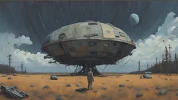 Voices from the outer world, sci-fi painting, Denis Sarazhin, Alex Colville, Simon Stalenhag, ominous sky