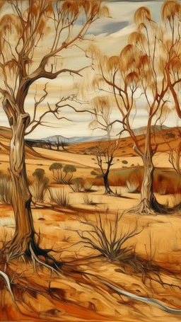 A tan Australian outback with dry trees painted by Edvard Munch