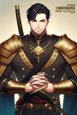 A handsome 30 year old knight, black hair, male bob haircut, in black-and-gold plate armor, golden katana in both hands, no beard, european, proper arms