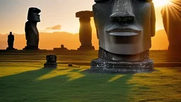 calm beauty, fantasy, magic, splendor, uplifting, inspiring, therapeutic, Easter Island stone statues with faces, some wearing spectacles, some with vegetation beards, mustaches, hair, springtime, sunlight, chiaroscuro, color, award-winning colour photograph, Nikon 135mm, style Disney, style Salvador Dali