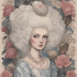 Postcard of Marie-Antoinette in the style of Margaret Keane, with doodles