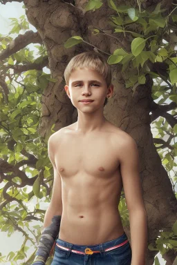 full body image of a beautiful 12 year old arabic boy with long, blonde curly hair and light blue eyes, smiling, shirtless, in front of a distant mango tree