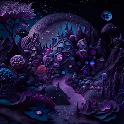 Detailed creepy odd landscape made of modeling clay, naïve, houses, rock formations, people walking, Tim Burton, flowers, stars and planets, Harry Potter, strong texture, extreme detail, decal, rich moody colors, sparkles, clean, bokeh, odd