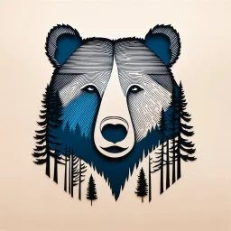 M shaped bear head combined with woods silhouette in background, letterpress style, minimalistic pencil art