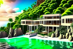 Impressive paradise islands, with elegant and luxurious futuristic homes on cliffs, vibrant and warm tones. Architecture, natural beauty, crystal clear waters, sun and lush vegetation