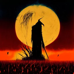 double exposure silhouette of brilliant fantastical cloaked Grim Reaper with red glowing eyes, moon rising over field of cornstalks, dark-gold scythe with red drip, Eldritch aesthetic, by Zdzislaw Beksinski, by Aeron Alfrey, by Russ mills, intricately detailed, complex contrast, dynamic composition; cinematic lighting; meticulously composed concept art, masterpiece, macabre, sinister, grand design