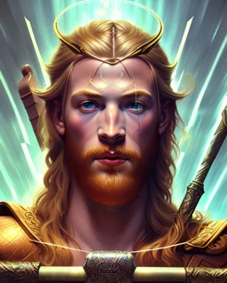 Portrait of young God Thor holding a Strong hammer Powerful Staff by Alex Ross, Disney, CGSociety, Carne Griffiths, Leonardo DaVinci, James Christensen character design, digital illustration, detailed sky background, Norman Rockwell, 32k resolution, Lou Xaz, cinema 4d