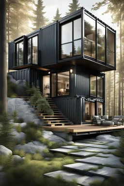 large house in the woods made from shipping containers, photorealistic