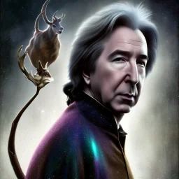 stunning, photoillustrative watercolor of Alan Rickman as Severus Snape with wand, holographic deer, artwork, Flickr, 8 k, detailed matte, ultrafine detail, high-quality, George Grie, Anne Dittman, Anne Stokes, Lisa Parker, Selina French, alphonse mucha