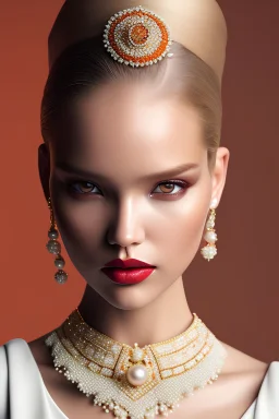 beautiful Sasha Luss with pearls and orange color silk dress with glossy lipstik on her lips,wearing pearls mask, long curly blonde hair, Photorealistic dramatic hyperrealistic criyng clown paint ,Crystal black eyes,Photorealistic dramatic by WLOP, Artgerm, Greg Rutkowski, Beautiful dynamic,shadows,Artstation,concept design art, Octane render,8K