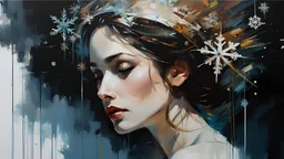 a beautiful snowflake high detail :: by Robert McGinnis + Jeremy Mann + Carne Griffiths + Leonid Afremov, black canvas, clear outlining, detailed