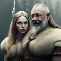 Viking theme, a younger woman sitting next to a 50-year-old man, portrait, 8K, close-up face, anatomically perfect face, Highly detailed stunning full frame portrait, misty and cloudy atmosphere