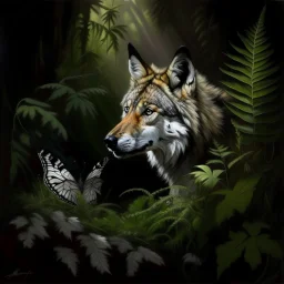 wolf portrait, ferns, butterflies, oilpainting, cinematic lighting
