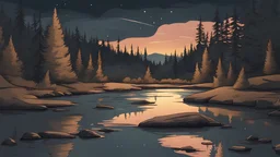 draw a picture of a river in the wilderness with a nighttime atmosphere