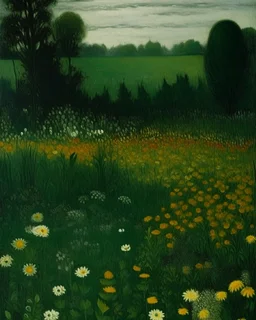 A dark green field with flowers painted by Georges Seurat