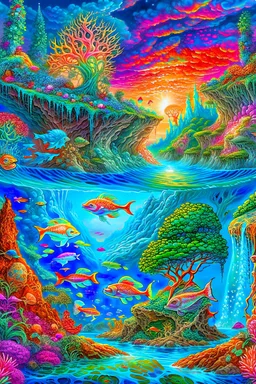 An Trees, waterfalls, and imaginative landscapes. Underwater lake fish. Coral. The sky is decorated with stars and sky waterfalls fantasy, perfect anatomy, fantasy, vibrant digital art professional award winning masterpiece, oil on canvas Atmospheric extremely detailed Josephine Wall