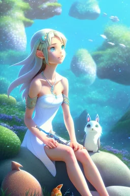 Female sea elf sitting on a rock with her animal friends, highly detailed, art by studio ghibli, laughing, picnic