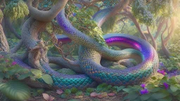 Serpent in the Garden of Eden coiled around the Tree of Knowledge, hyper-realistic, HD 8K, sharp detail, iridescent scales