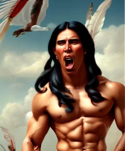 native american warrior, long black hair, big muscles, face up, mouth wide open, scream face, shirtless, looking to the sky