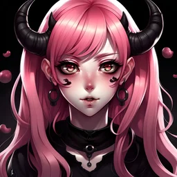 Teenage girl, demon like horns, long pink hair tied into a bubble ponytail with curled bang to the left, red eyes, thick black eyelashes, dark makeup, black lips, anime style, looking straight into the camera, front facing,