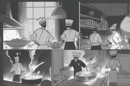 black and white storyboard, 3 chefs, scattered throughout the kitchen cooking, frying, cutting