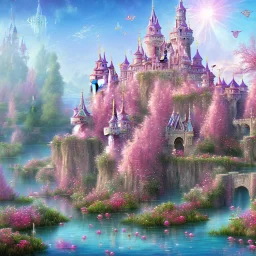 castle pink Magic dream world papillons lac avec lotus