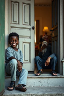 A black one year old boy and a white boy both smiling , sitting on the door steps of the an old paints house door , in the background a room with old woman holding small dog sitting on the couch , insanely detailed octane render trending on artstation, 8k artistic photography, photorealistic concept art, soft natural volumetric cinematic perfect light, chiaroscuro, award-winning photograph, masterpieces, oil on canvas, Raphael, Caravaggio, Greg Rutkowski, people,