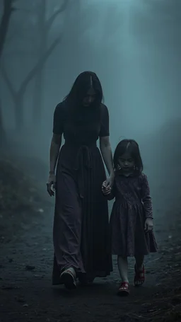 ,surrealism of the dark of a nightmare , hyper photorealistic, hyper detailed bright art color, high resolution, fog, octane render, tilt shift, HDRI Environment, all pictures dark gray, sad mother face walking with her daughter hand in hand both look at the ground