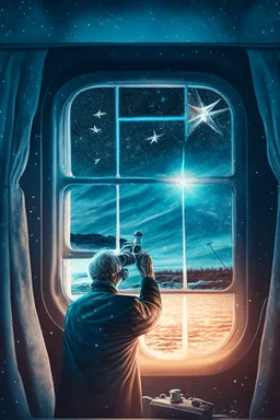 doctor cutting binoculars off patient , with background star field seen in the window of a boat, 4 k, trending art, depth of field