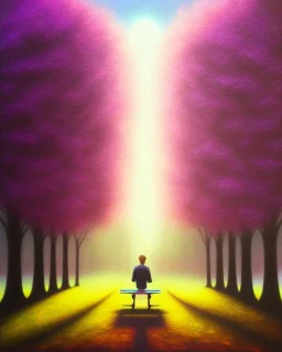 park mystical dream, park bench, man, woman, child, dog, trees, path, bird, sunshine, mystical, fantasy, romanticism, pastel colors, daylight, daytime, acrylic painting, detailed, soft focus,