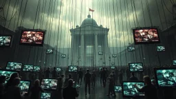 a corrupt government looms above, pulling the strings of hundreds of marionettes dangling below it, the news media broadcasts the marionettes' suffering on screens everywhere, dystopian, horror